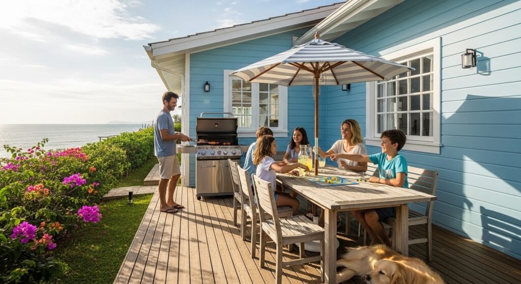 Família feliz na varanda de uma casa de praia bem pintada em Itapoá.