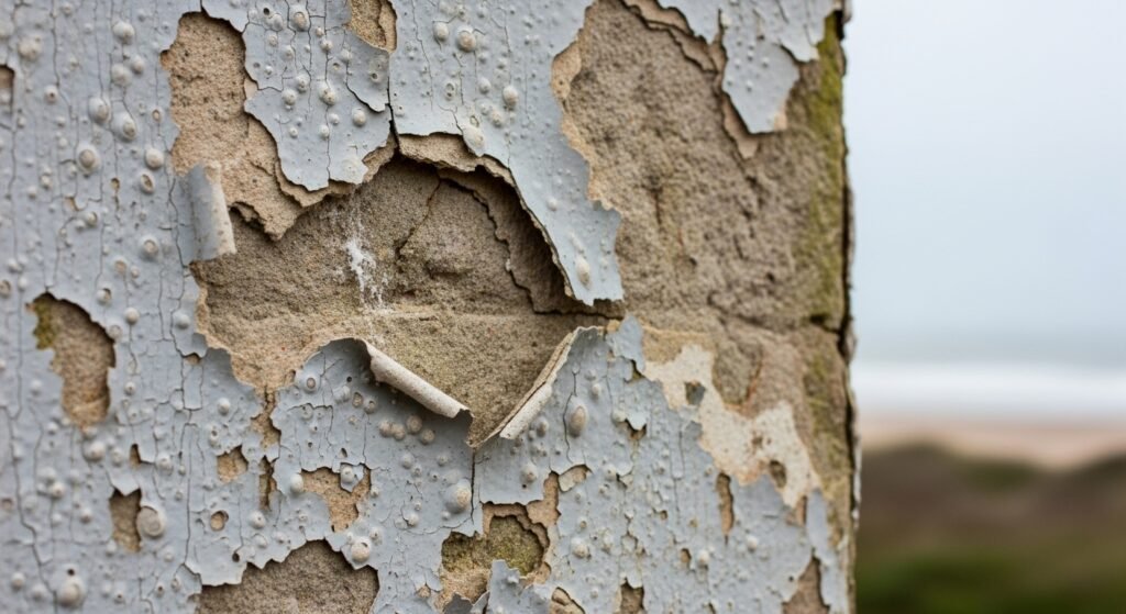 Close-up de uma parede com tinta a descascar devido à maresia em Itapoá.