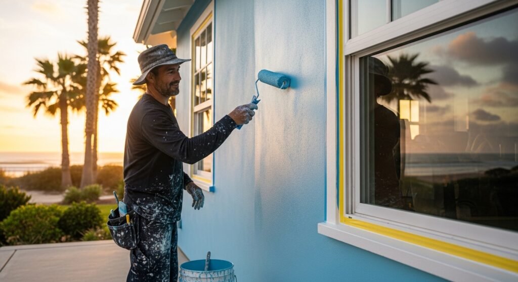 Pintor a aplicar tinta numa parede de uma casa em Itapoá com um rolo."