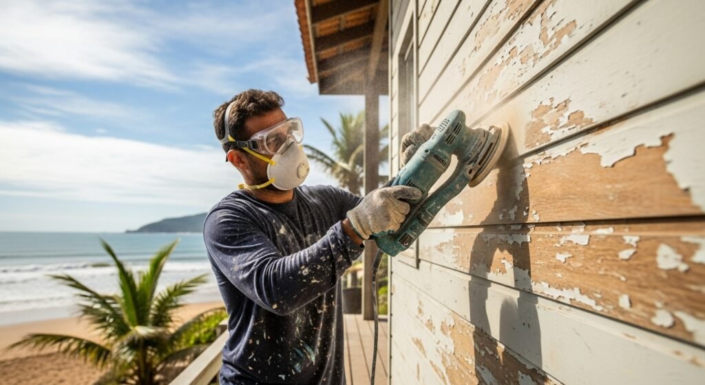 Pintor profissional a lixar uma parede externa de uma casa em Itapoá antes da pintura.