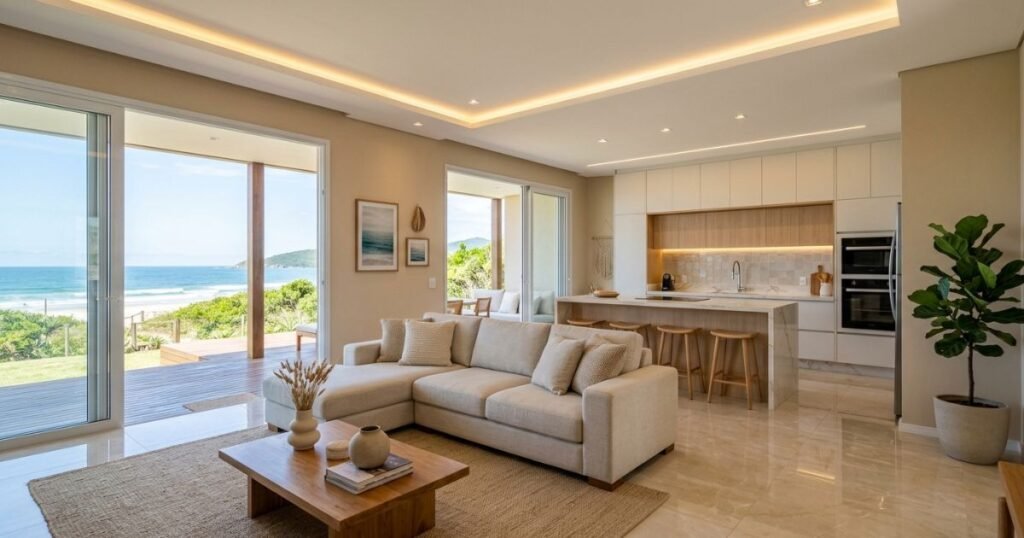 Exemplo de acabamento interno de alto padrão em reforma residencial em Itapoá.