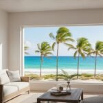 Ar condicionado split moderno a funcionar numa sala de casa de praia em Itapoá com vista para o mar.