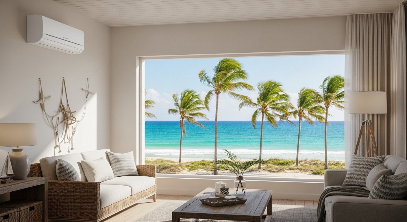 Ar condicionado split moderno a funcionar numa sala de casa de praia em Itapoá com vista para o mar.