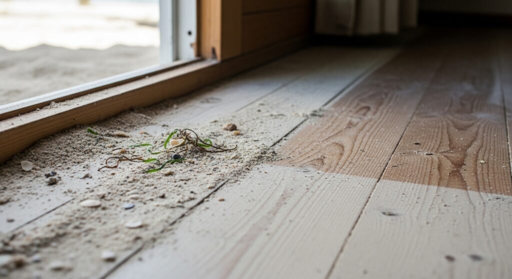 Close-up de areia no chão de uma casa de praia em Itapoá.