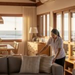 Sala de estar de uma casa de praia em Itapoá, impecavelmente limpa e organizada, com luz do sol a entrar.