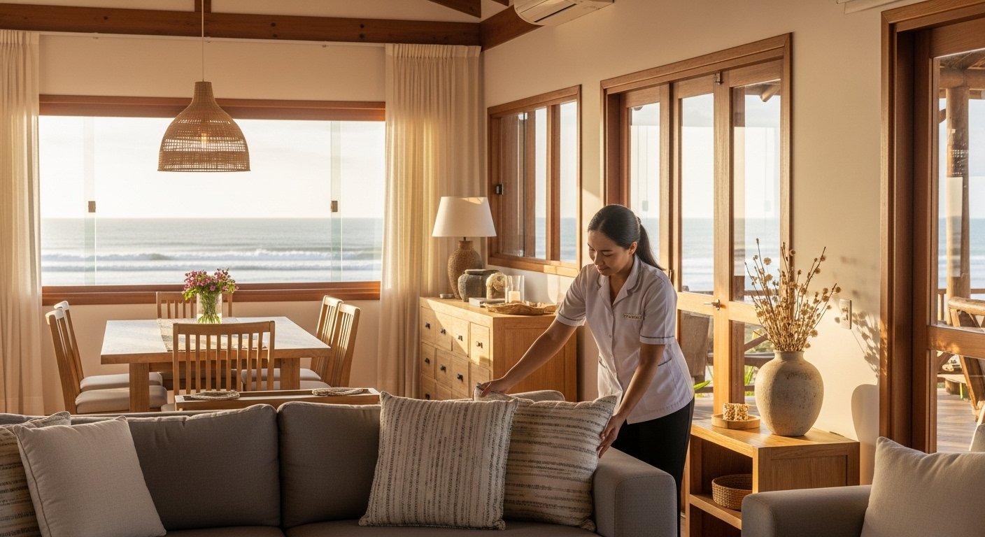 Sala de estar de uma casa de praia em Itapoá, impecavelmente limpa e organizada, com luz do sol a entrar.