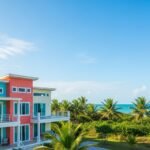 Fachada de uma casa de praia em Itapoá recém-pintada com cores vibrantes.