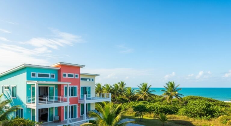 Fachada de uma casa de praia em Itapoá recém-pintada com cores vibrantes.