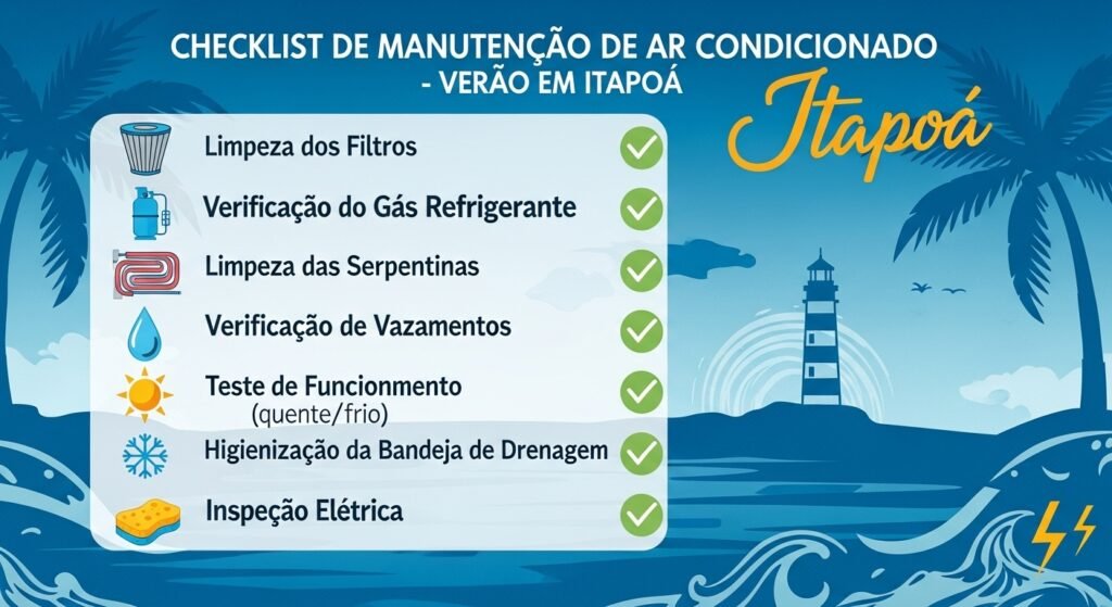 Checklist gráfico com itens para a manutenção de ar condicionado na praia.