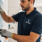 Eletricista profissional em Itapoá, SC, a realizar uma manutenção segura num quadro de disjuntores residencial.