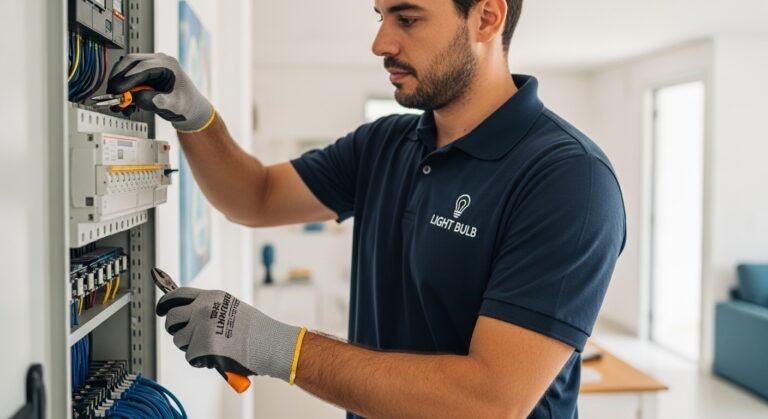 Eletricista profissional em Itapoá, SC, a realizar uma manutenção segura num quadro de disjuntores residencial.