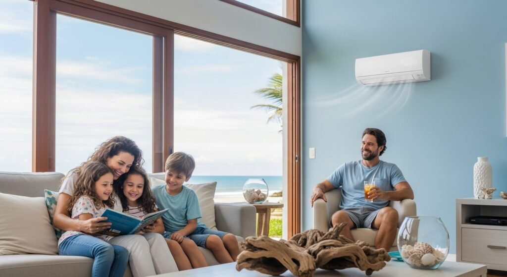 Família a relaxar numa sala de estar fresca graças a um ar condicionado a funcionar bem em Itapoá.