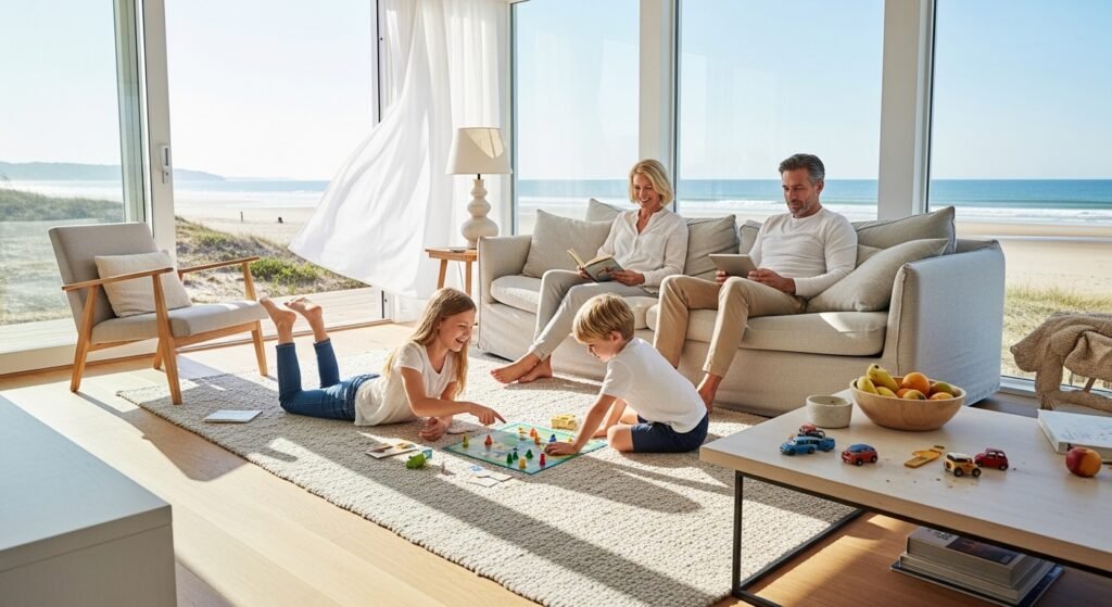 Família a relaxar numa sala de estar limpa e organizada em Itapoá.