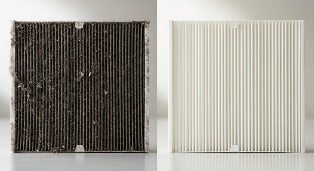 Comparação de um filtro de ar condicionado sujo e um limpo, mostrando a importância da limpeza.
