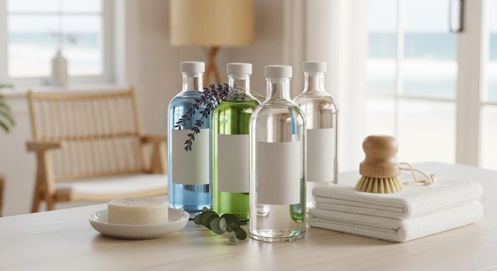 eleção de produtos de limpeza profissionais sobre um fundo de casa de praia.