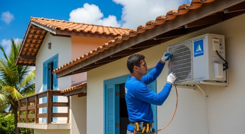 Técnico profissional a fazer a manutenção de um ar condicionado em Itapoá.