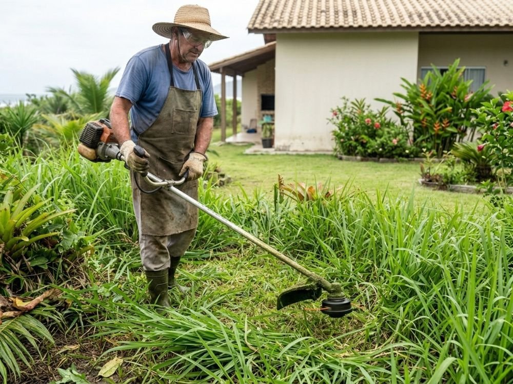 Serviço de jardinagem em Itapoá SC com corte de grama e manutenção de jardim afetado pela umidade e clima litorâneo