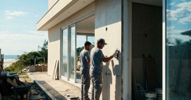 Profissionais realizando reforma e acabamento em uma casa moderna em Itapoá, SC, focando em durabilidade e qualidade para o litoral.