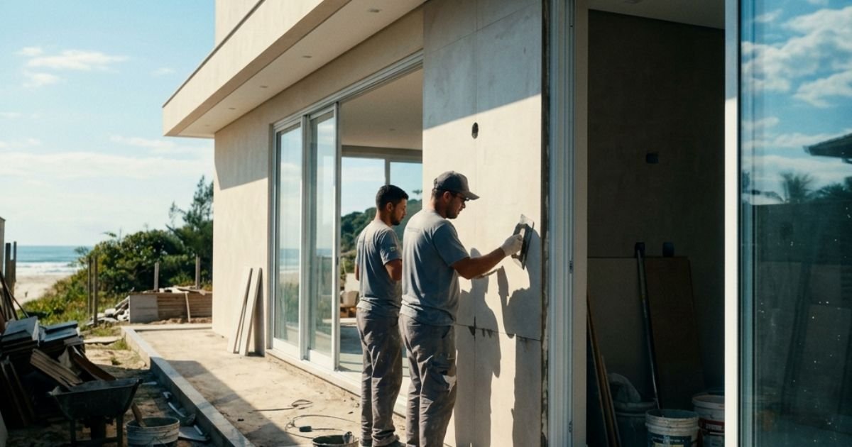 Profissionais realizando reforma e acabamento em uma casa moderna em Itapoá, SC, focando em durabilidade e qualidade para o litoral.