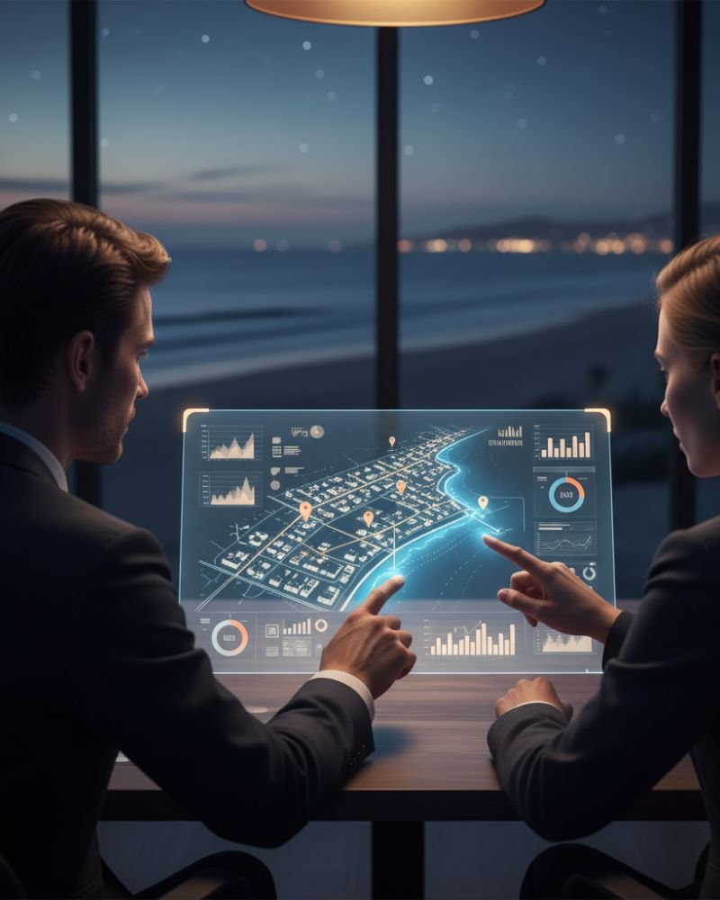 Interface digital mostrando o mapeamento de prestadores de serviços em Itapoá, SC, com destaque para áreas de construção civil, reformas e manutenção elétrica.