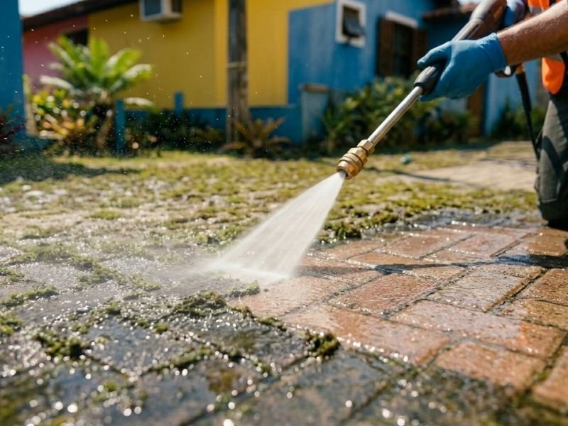 Lavação de calçada em Itapoá SC com remoção de limo e sujeira causada pela maresia