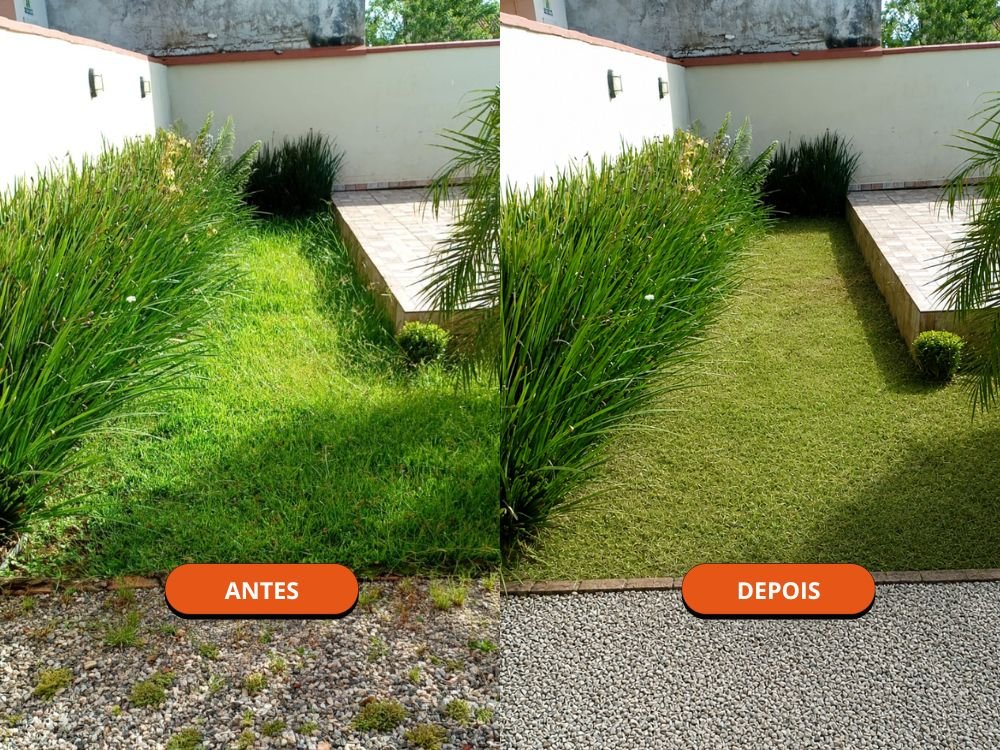 Foto de antes e depois de serviço de jardinagem com corte de grama e limpeza de canteiro na Barra do Saí, realizado pela Serviços Itapoá em Itapoá - SC.