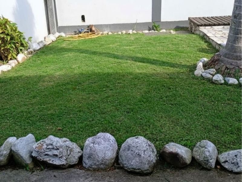 Serviço de jardinagem residencial e corte de grama realizado pela empresa Serviços Itapoá no bairro Barra do Saí, em Itapoá - SC.